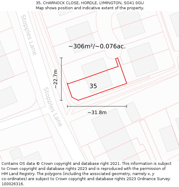 35, CHARNOCK CLOSE, HORDLE, LYMINGTON, SO41 0GU: Plot and title map
