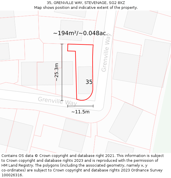 35, GRENVILLE WAY, STEVENAGE, SG2 8XZ: Plot and title map