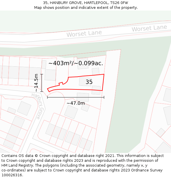 35, HANBURY GROVE, HARTLEPOOL, TS26 0FW: Plot and title map
