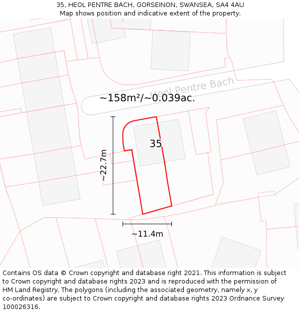 35, HEOL PENTRE BACH, GORSEINON, SWANSEA, SA4 4AU: Plot and title map