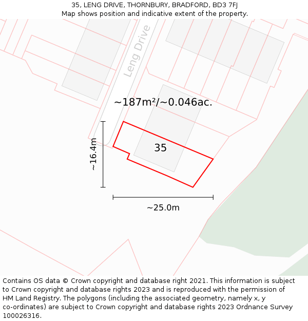 35, LENG DRIVE, THORNBURY, BRADFORD, BD3 7FJ: Plot and title map