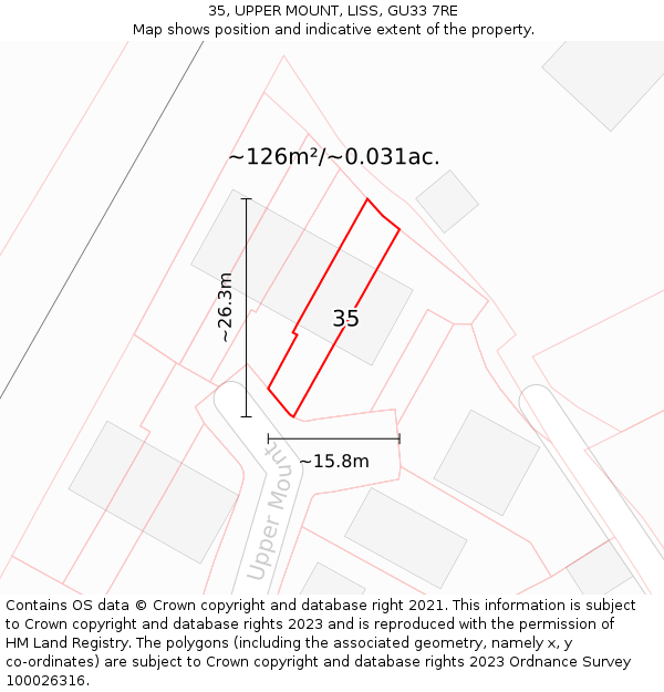 35, UPPER MOUNT, LISS, GU33 7RE: Plot and title map
