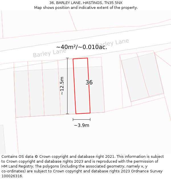 36, BARLEY LANE, HASTINGS, TN35 5NX: Plot and title map