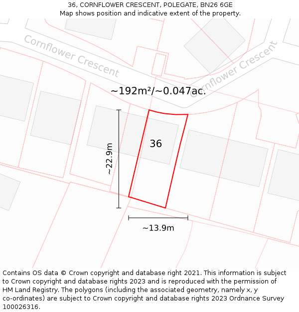 36, CORNFLOWER CRESCENT, POLEGATE, BN26 6GE: Plot and title map