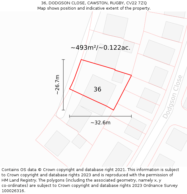 36, DODGSON CLOSE, CAWSTON, RUGBY, CV22 7ZQ: Plot and title map