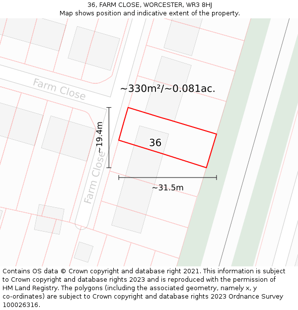 36, FARM CLOSE, WORCESTER, WR3 8HJ: Plot and title map