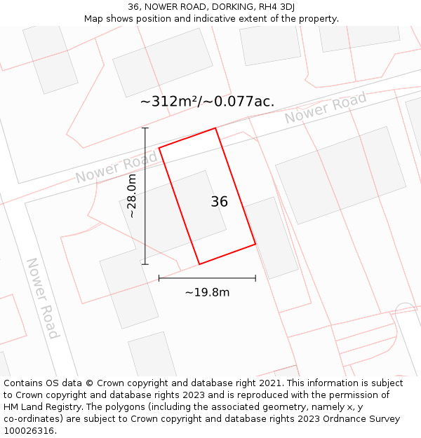 36, NOWER ROAD, DORKING, RH4 3DJ: Plot and title map