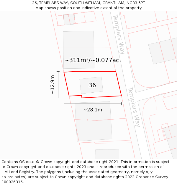 36, TEMPLARS WAY, SOUTH WITHAM, GRANTHAM, NG33 5PT: Plot and title map