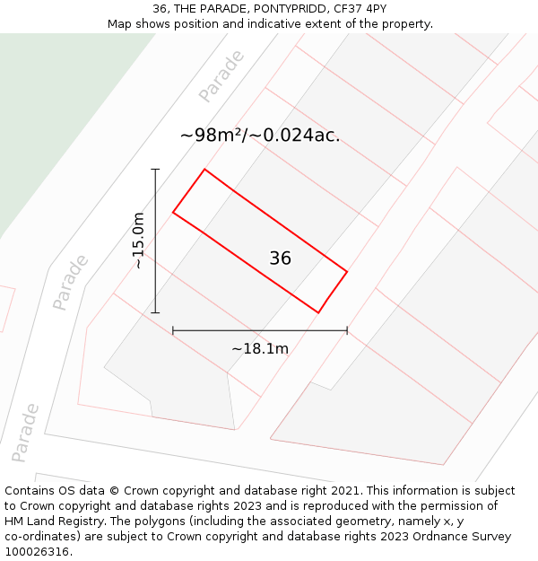 36, THE PARADE, PONTYPRIDD, CF37 4PY: Plot and title map