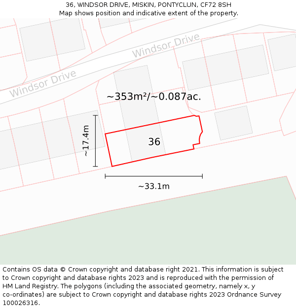 36, WINDSOR DRIVE, MISKIN, PONTYCLUN, CF72 8SH: Plot and title map