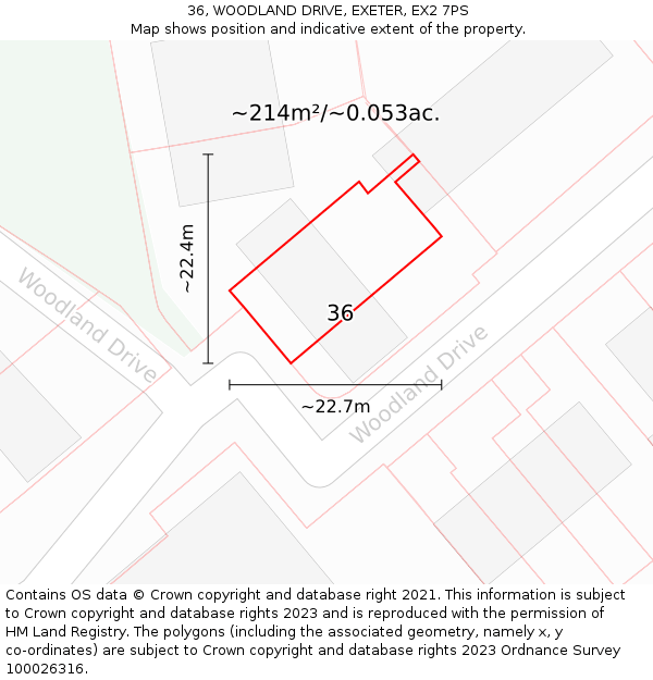 36, WOODLAND DRIVE, EXETER, EX2 7PS: Plot and title map