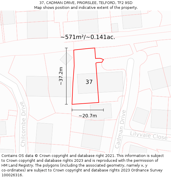37, CADMAN DRIVE, PRIORSLEE, TELFORD, TF2 9SD: Plot and title map