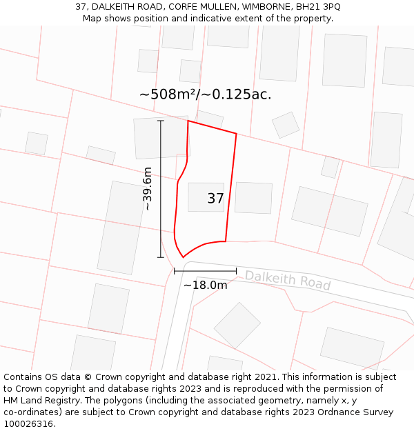 37, DALKEITH ROAD, CORFE MULLEN, WIMBORNE, BH21 3PQ: Plot and title map