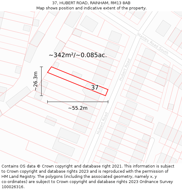 37, HUBERT ROAD, RAINHAM, RM13 8AB: Plot and title map