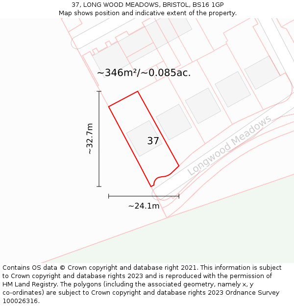 37, LONG WOOD MEADOWS, BRISTOL, BS16 1GP: Plot and title map