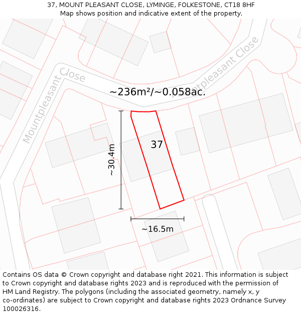 37, MOUNT PLEASANT CLOSE, LYMINGE, FOLKESTONE, CT18 8HF: Plot and title map