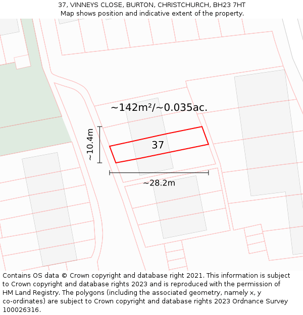 37, VINNEYS CLOSE, BURTON, CHRISTCHURCH, BH23 7HT: Plot and title map