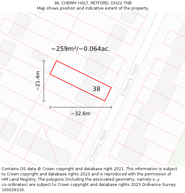 38, CHERRY HOLT, RETFORD, DN22 7NB: Plot and title map