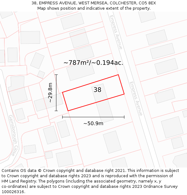 38, EMPRESS AVENUE, WEST MERSEA, COLCHESTER, CO5 8EX: Plot and title map