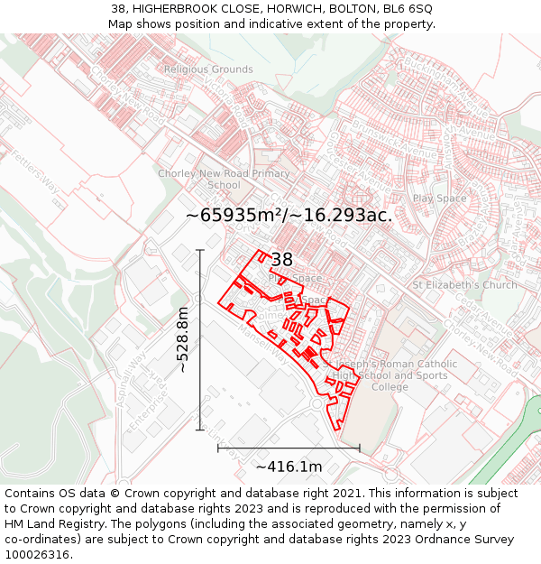 38, HIGHERBROOK CLOSE, HORWICH, BOLTON, BL6 6SQ: Plot and title map