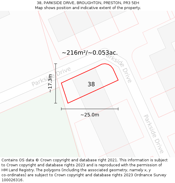 38, PARKSIDE DRIVE, BROUGHTON, PRESTON, PR3 5EH: Plot and title map