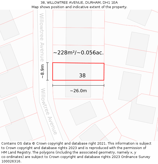 38, WILLOWTREE AVENUE, DURHAM, DH1 1EA: Plot and title map