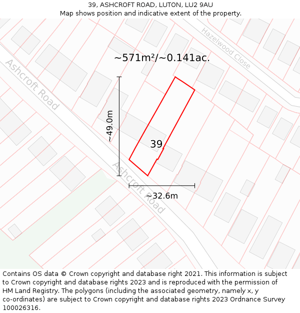 39, ASHCROFT ROAD, LUTON, LU2 9AU: Plot and title map