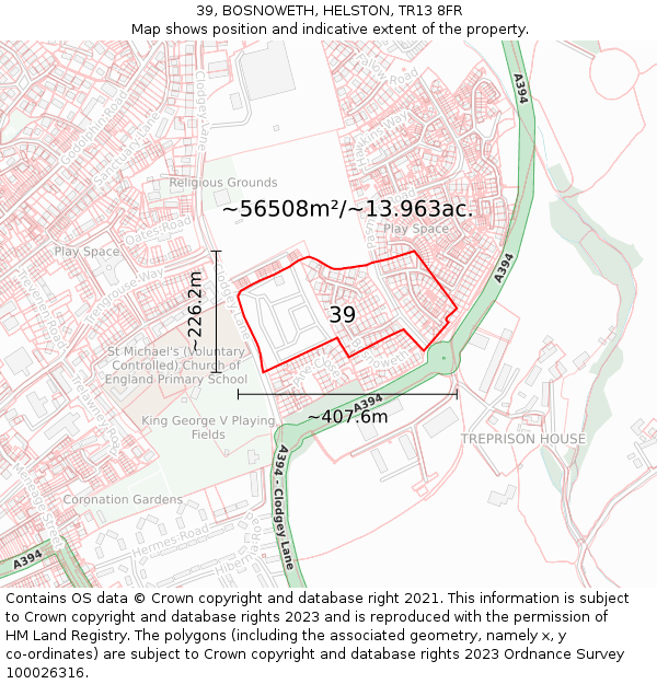 39, BOSNOWETH, HELSTON, TR13 8FR: Plot and title map
