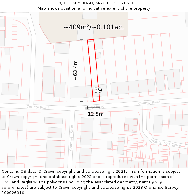 39, COUNTY ROAD, MARCH, PE15 8ND: Plot and title map