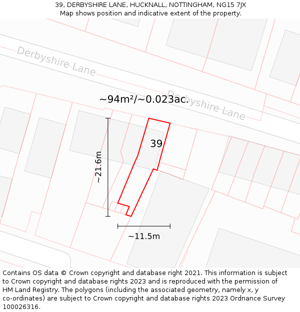 39, DERBYSHIRE LANE, HUCKNALL, NOTTINGHAM, NG15 7JX: Plot and title map