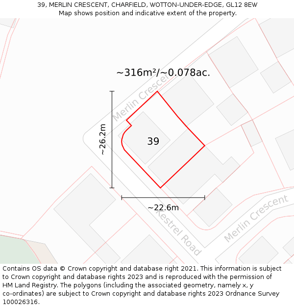 39, MERLIN CRESCENT, CHARFIELD, WOTTON-UNDER-EDGE, GL12 8EW: Plot and title map