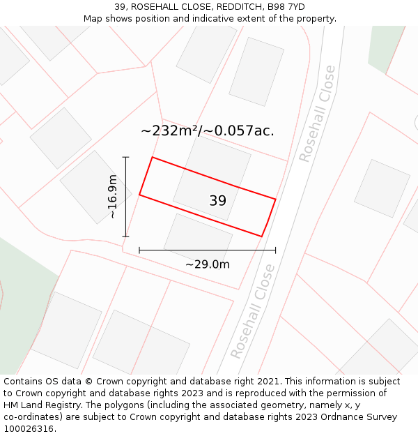 39, ROSEHALL CLOSE, REDDITCH, B98 7YD: Plot and title map