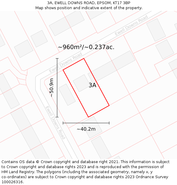 3A, EWELL DOWNS ROAD, EPSOM, KT17 3BP: Plot and title map