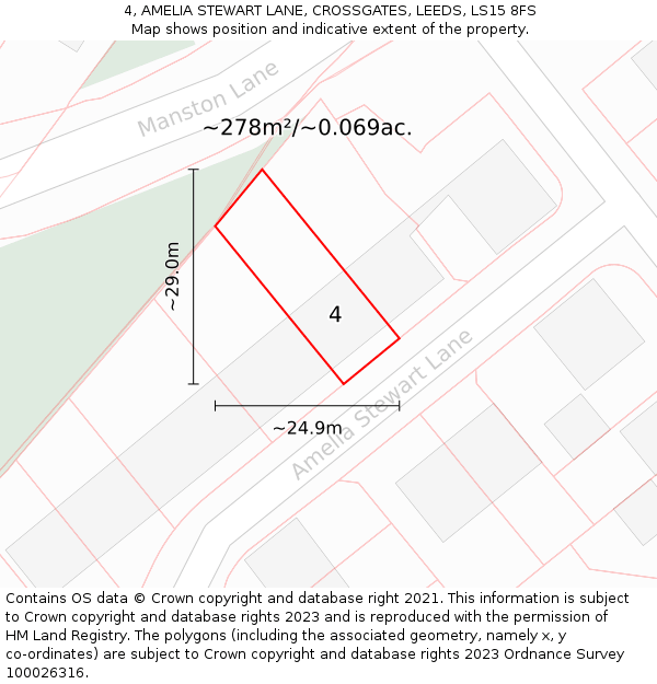 4, AMELIA STEWART LANE, CROSSGATES, LEEDS, LS15 8FS: Plot and title map