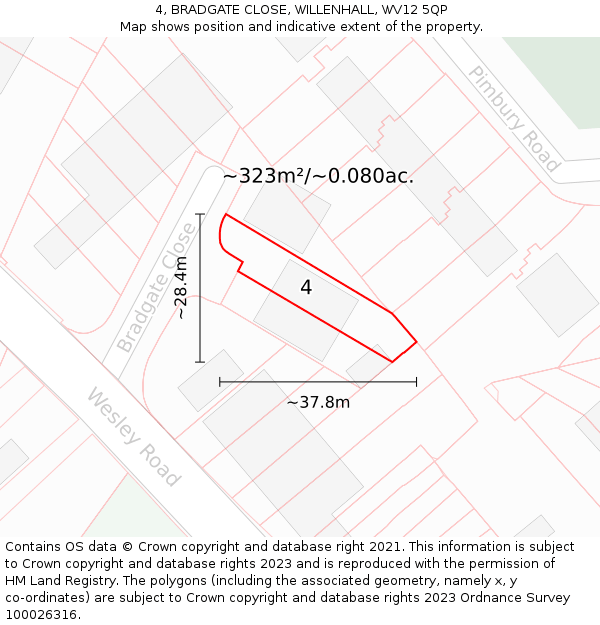4, BRADGATE CLOSE, WILLENHALL, WV12 5QP: Plot and title map