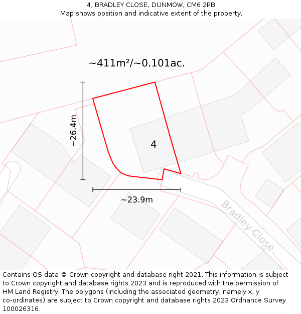 4, BRADLEY CLOSE, DUNMOW, CM6 2PB: Plot and title map