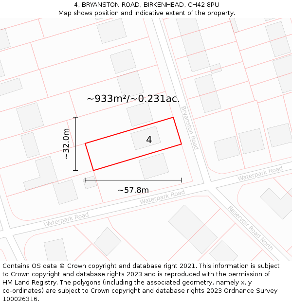 4, BRYANSTON ROAD, BIRKENHEAD, CH42 8PU: Plot and title map