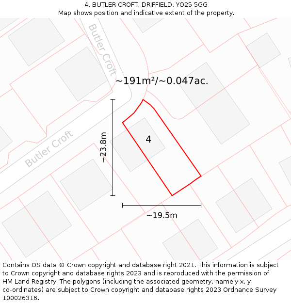4, BUTLER CROFT, DRIFFIELD, YO25 5GG: Plot and title map
