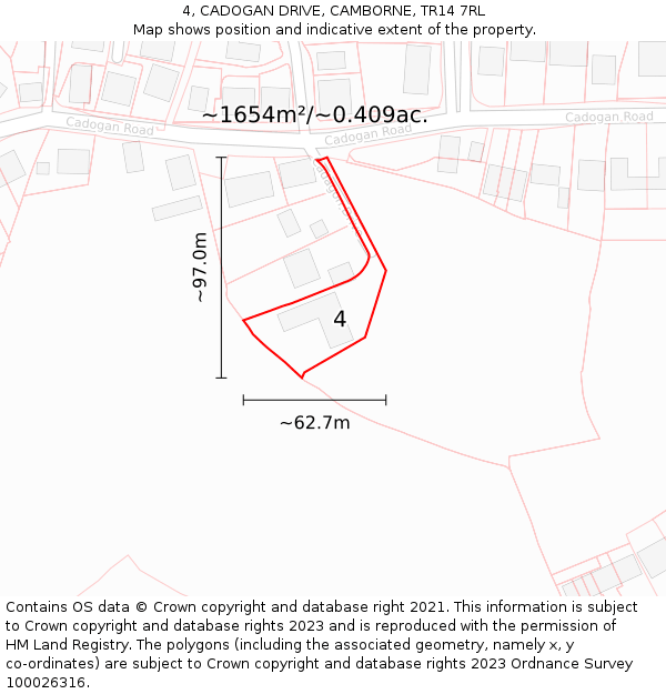 4, CADOGAN DRIVE, CAMBORNE, TR14 7RL: Plot and title map