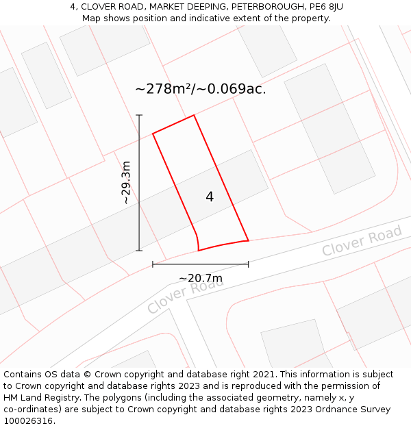 4, CLOVER ROAD, MARKET DEEPING, PETERBOROUGH, PE6 8JU: Plot and title map
