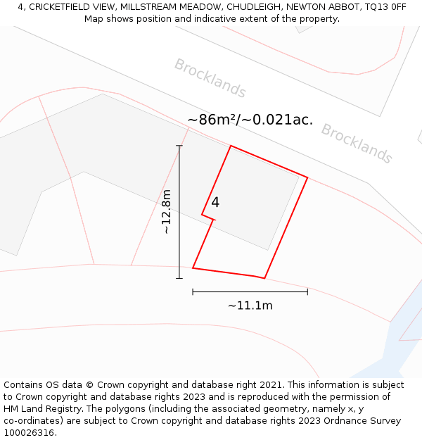 4, CRICKETFIELD VIEW, MILLSTREAM MEADOW, CHUDLEIGH, NEWTON ABBOT, TQ13 0FF: Plot and title map