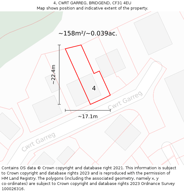 4, CWRT GARREG, BRIDGEND, CF31 4EU: Plot and title map