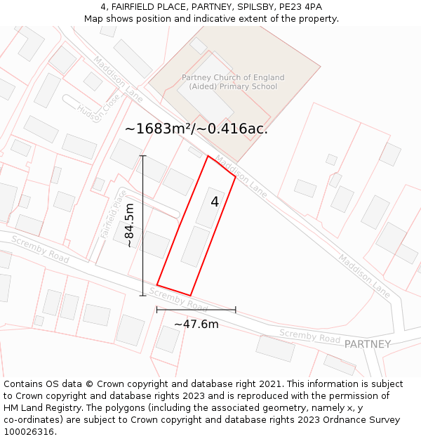 4, FAIRFIELD PLACE, PARTNEY, SPILSBY, PE23 4PA: Plot and title map