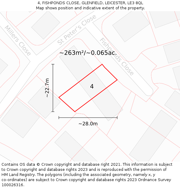 4, FISHPONDS CLOSE, GLENFIELD, LEICESTER, LE3 8QL: Plot and title map