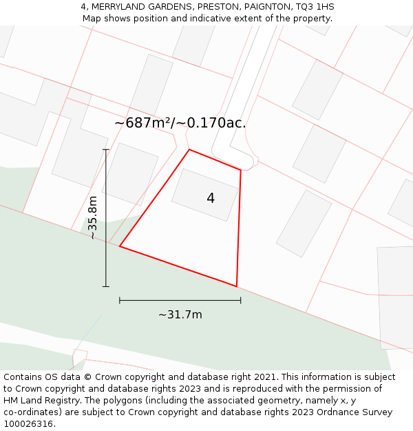 4, MERRYLAND GARDENS, PRESTON, PAIGNTON, TQ3 1HS: Plot and title map