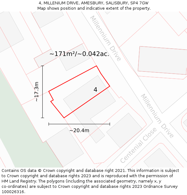 4, MILLENIUM DRIVE, AMESBURY, SALISBURY, SP4 7GW: Plot and title map