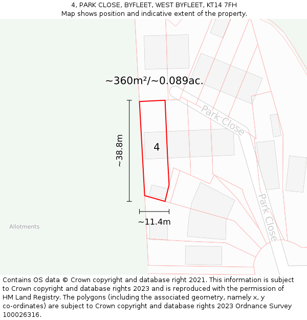 4, PARK CLOSE, BYFLEET, WEST BYFLEET, KT14 7FH: Plot and title map