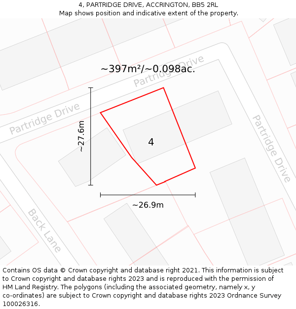 4, PARTRIDGE DRIVE, ACCRINGTON, BB5 2RL: Plot and title map