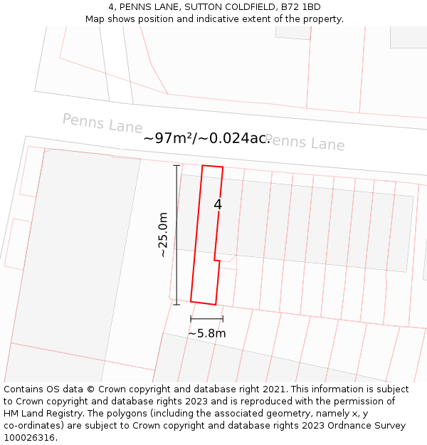 4, PENNS LANE, SUTTON COLDFIELD, B72 1BD: Plot and title map