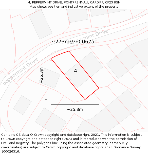 4, PEPPERMINT DRIVE, PONTPRENNAU, CARDIFF, CF23 8SH: Plot and title map